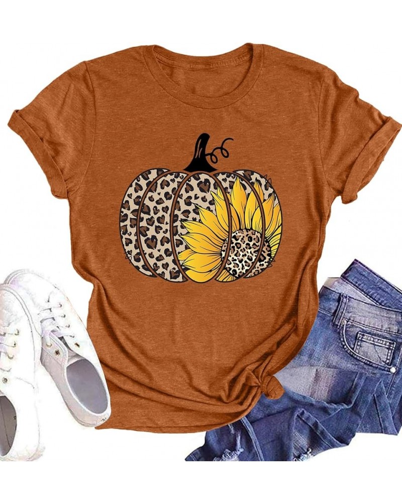 Halloween Pumpkin Shirt Women Leopard Graphic Tees Short Sleeve Fall T-Shirt Thanksgiving Gift Tops Brown6 $12.25 T-Shirts