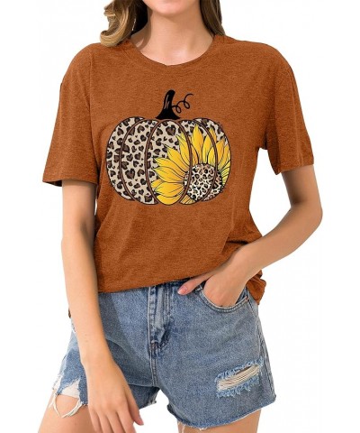 Halloween Pumpkin Shirt Women Leopard Graphic Tees Short Sleeve Fall T-Shirt Thanksgiving Gift Tops Brown6 $12.25 T-Shirts