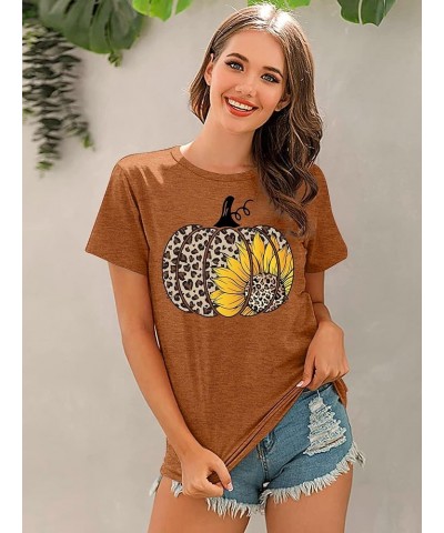 Halloween Pumpkin Shirt Women Leopard Graphic Tees Short Sleeve Fall T-Shirt Thanksgiving Gift Tops Brown6 $12.25 T-Shirts