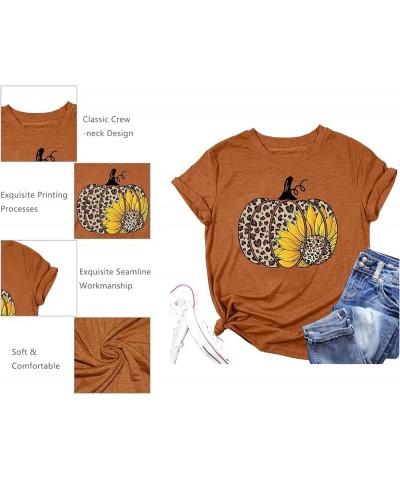 Halloween Pumpkin Shirt Women Leopard Graphic Tees Short Sleeve Fall T-Shirt Thanksgiving Gift Tops Brown6 $12.25 T-Shirts