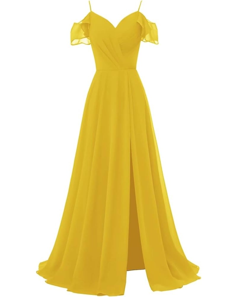 V Neck Bridesmaid Dresses Long Chiffon Ruffle Sleeves Formal Evening Wedding Party Dress for Women with Slit Mustard Yellow $...