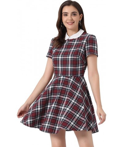 Women's Plaid Grid Peter Pan Collar Contrast Christmas Xmas Party Short Sleeve A-line Dress Red White $17.16 Dresses