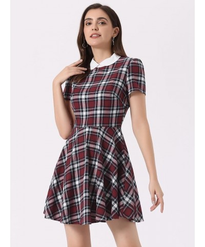 Women's Plaid Grid Peter Pan Collar Contrast Christmas Xmas Party Short Sleeve A-line Dress Red White $17.16 Dresses