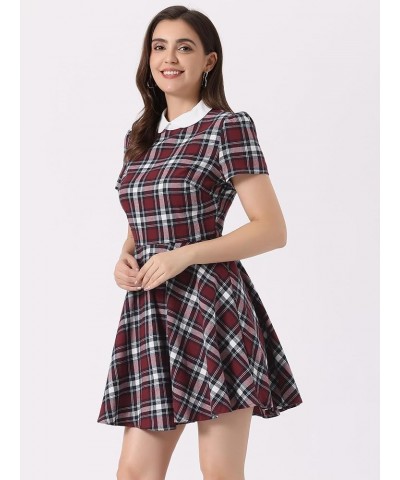 Women's Plaid Grid Peter Pan Collar Contrast Christmas Xmas Party Short Sleeve A-line Dress Red White $17.16 Dresses