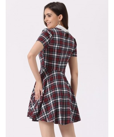 Women's Plaid Grid Peter Pan Collar Contrast Christmas Xmas Party Short Sleeve A-line Dress Red White $17.16 Dresses