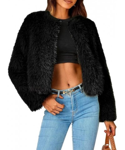 Women's Winter Round Long Sleeve Coat Fleece Cropped Faux Fur Jacket Shaggy Warm Outerwear for Fall Sport Solstice Black B $4...