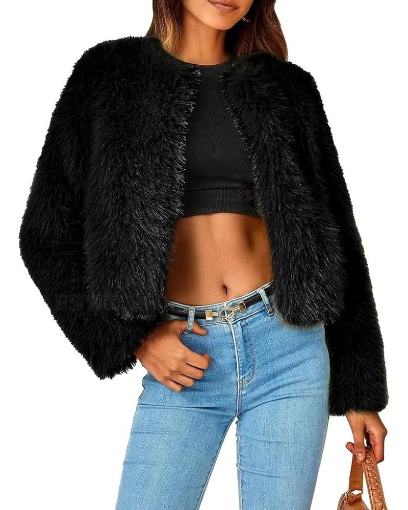 Women's Winter Round Long Sleeve Coat Fleece Cropped Faux Fur Jacket Shaggy Warm Outerwear for Fall Sport Solstice Black B $4...