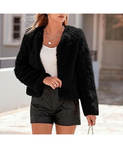 Women's Winter Round Long Sleeve Coat Fleece Cropped Faux Fur Jacket Shaggy Warm Outerwear for Fall Sport Solstice Black B $4...