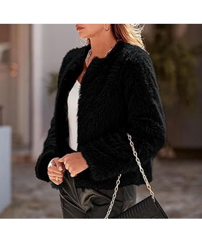 Women's Winter Round Long Sleeve Coat Fleece Cropped Faux Fur Jacket Shaggy Warm Outerwear for Fall Sport Solstice Black B $4...