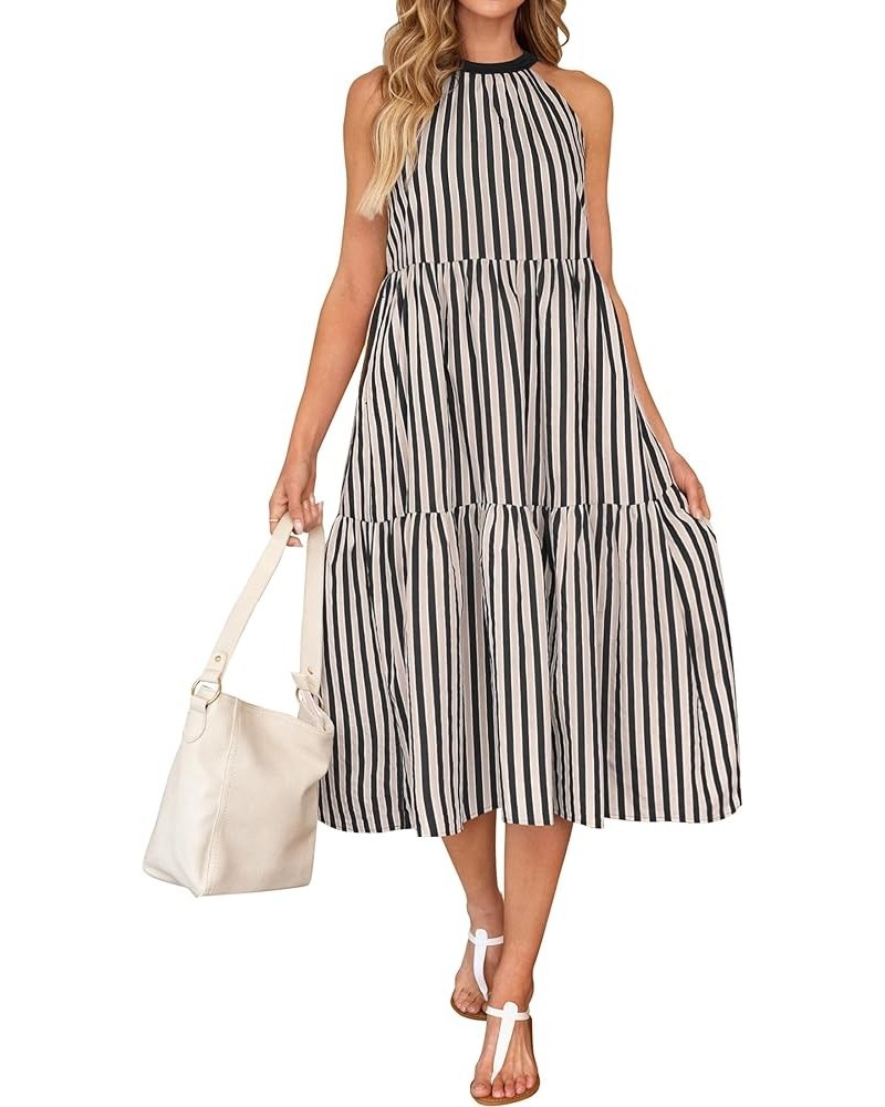 Women's Summer Halter Maxi Dresses 2024 Casual Boho Striped Sleeveless Tiered Flowy A Line Beach Long Dress Black $22.94 Dresses