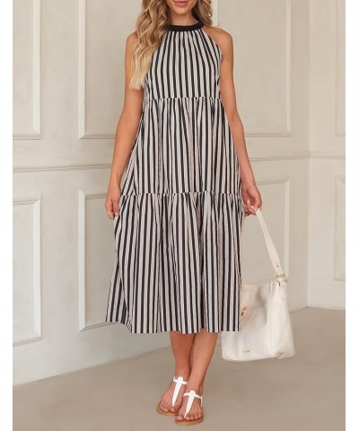 Women's Summer Halter Maxi Dresses 2024 Casual Boho Striped Sleeveless Tiered Flowy A Line Beach Long Dress Black $22.94 Dresses