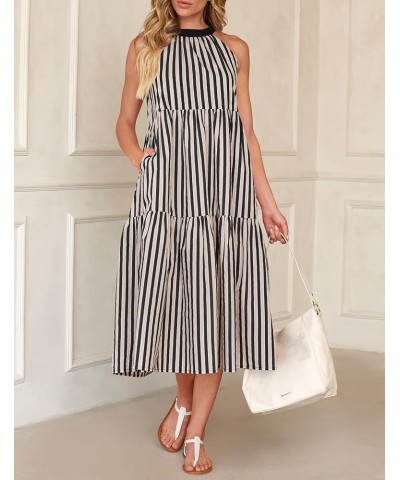 Women's Summer Halter Maxi Dresses 2024 Casual Boho Striped Sleeveless Tiered Flowy A Line Beach Long Dress Black $22.94 Dresses