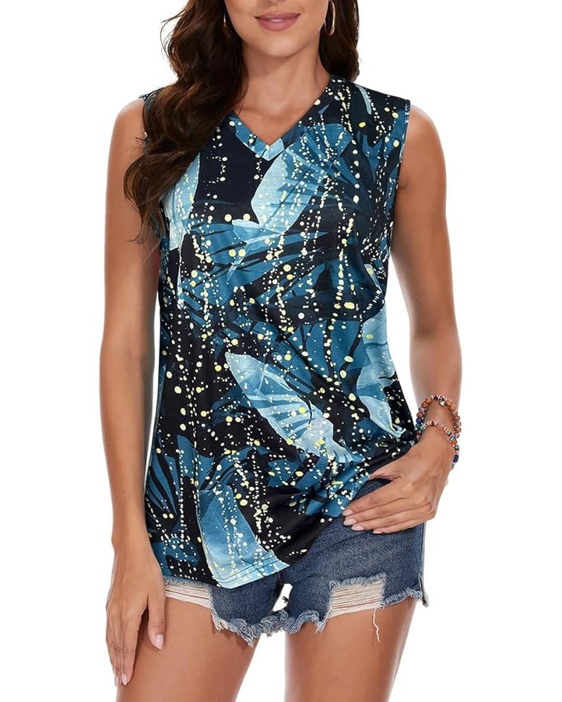 Women Summer Tops Sleeveless V Neck Tshirt Casual Loose Fit Tank Tunic Blouses Blue Leaf $10.39 Tanks