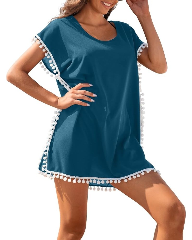 Womens Chiffon Swimsuit Cover Up Beach Coverups for Swimwear Lake Blue Pom $12.90 Swimsuits