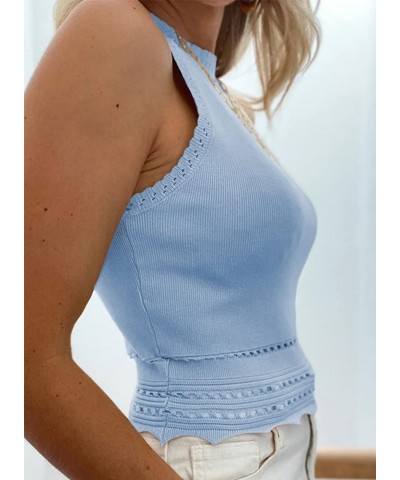 Women’s Sexy Sleeveless High Neck Racer Back Rib-Knit Tank Tops Halter Neck Crop Tops Sky Blue $12.15 Tanks