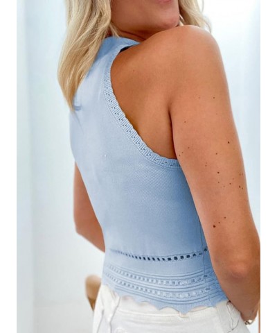 Women’s Sexy Sleeveless High Neck Racer Back Rib-Knit Tank Tops Halter Neck Crop Tops Sky Blue $12.15 Tanks