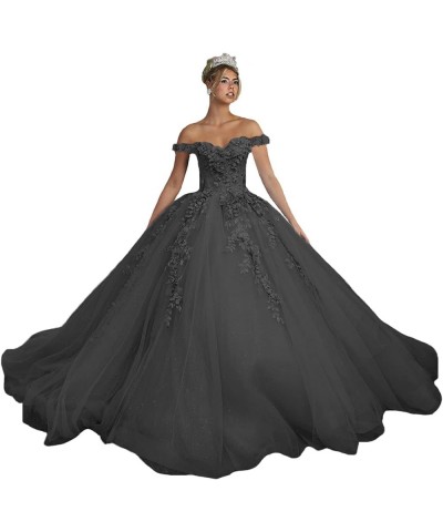 Flora Lace Quinceanera Dresses Ball Gown Sparkly Tulle Off Shoulder Prom Dresses Sweet 15 16 Dresses for Women PF39 Black $63...