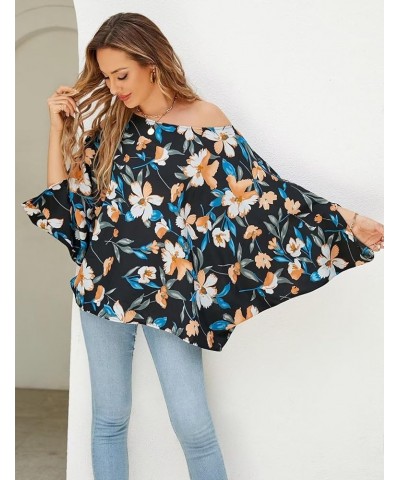 Womens Off The Shoulder Flowy Tops Casual Batwing Sleeves Blouses Loose Chiffon Shirts Floral 1 $12.60 Blouses