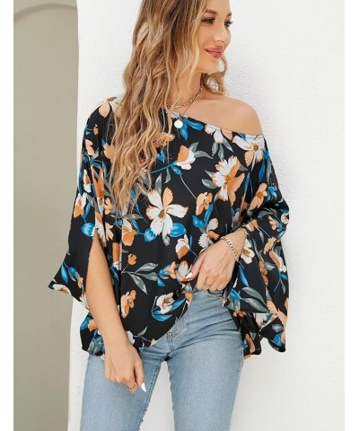 Womens Off The Shoulder Flowy Tops Casual Batwing Sleeves Blouses Loose Chiffon Shirts Floral 1 $12.60 Blouses