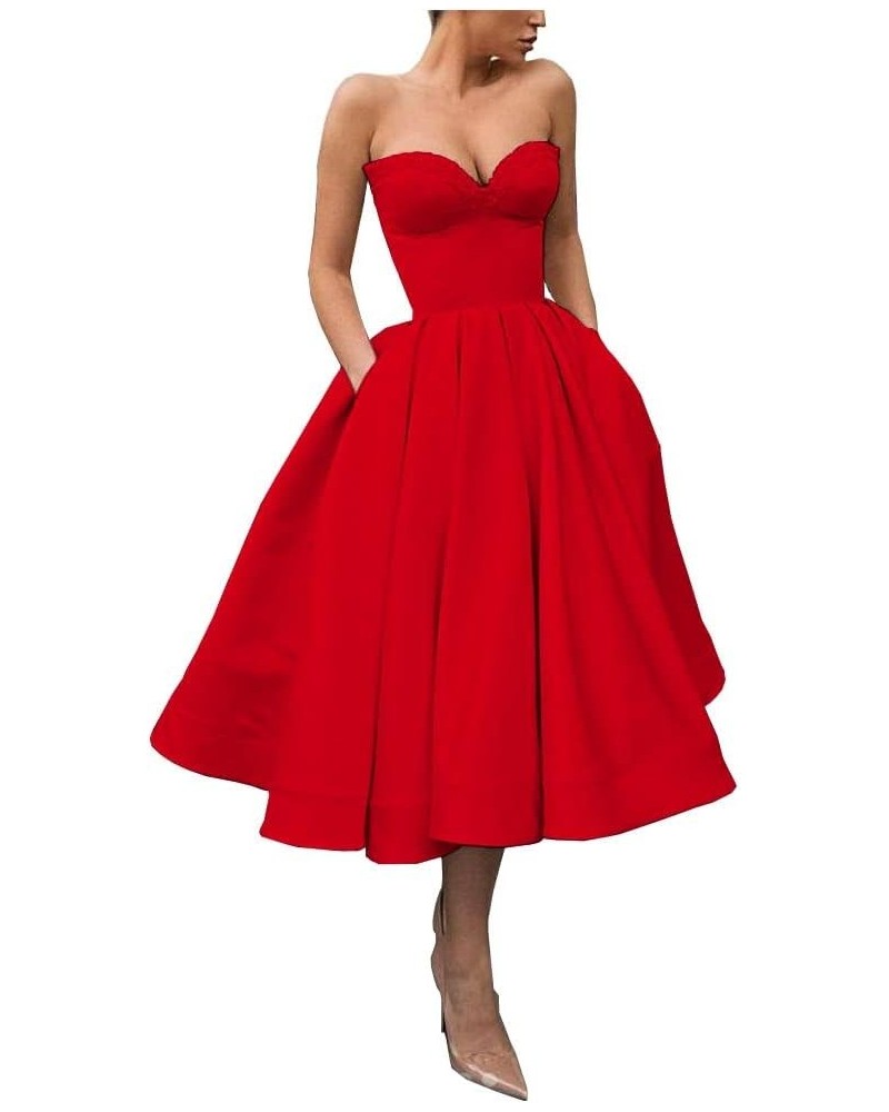 Sweetheart Strapless Short Homecoming Dresses Satin A-line Prom Party Gowns with Pockets Red $33.37 Dresses