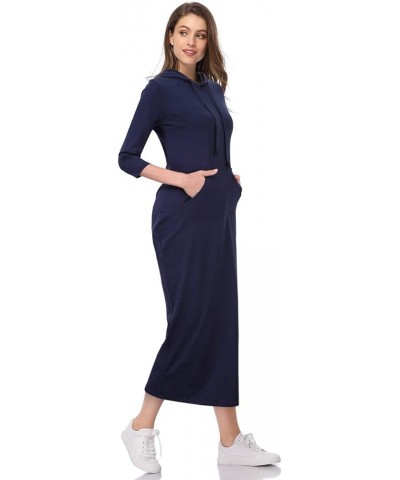 Women's Casual Pocket Slim Pullover Maxi Hoodie Dress 3/4 Sleeve-navy $15.92 Dresses