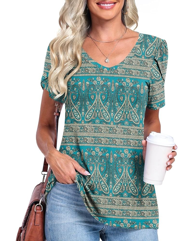 Summer Womens Casual T-Shirts V-Neck Short Sleeve Tops Tee Elastic Comfy Basic Blouse Cute Floral B-khaki $14.24 Tops