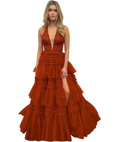 Glitter Tulle Tiered Prom Dresses for Women V Neck Lace Applique Ball Gown with Slit Burnt Orange $50.34 Dresses