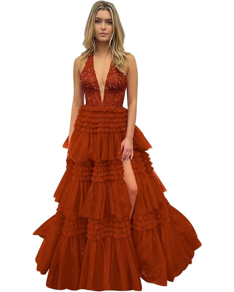 Glitter Tulle Tiered Prom Dresses for Women V Neck Lace Applique Ball Gown with Slit Burnt Orange $50.34 Dresses