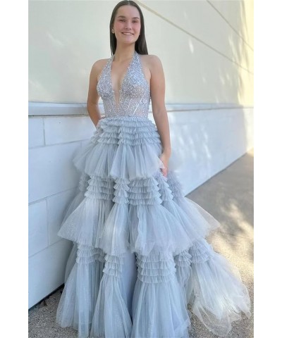 Glitter Tulle Tiered Prom Dresses for Women V Neck Lace Applique Ball Gown with Slit Burnt Orange $50.34 Dresses