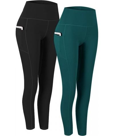 2 Pack High Waist Yoga Pants, Pocket Yoga Pants Tummy Control Workout Running 4 Way Stretch Yoga Leggings Black & Deep Green ...