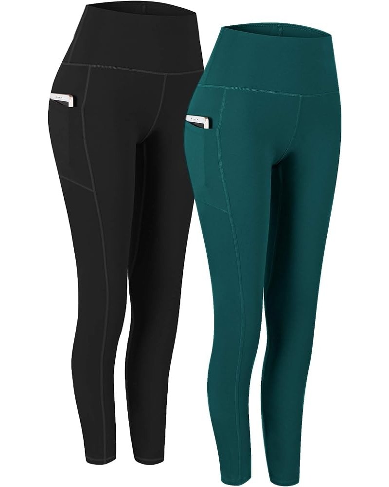 2 Pack High Waist Yoga Pants, Pocket Yoga Pants Tummy Control Workout Running 4 Way Stretch Yoga Leggings Black & Deep Green ...