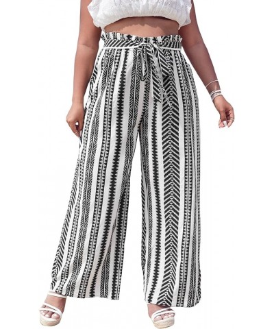 Women's Plus Size Printed Drawstring Waist Split Side Wide Leg Pants Multicoloured Striped $19.22 Pants