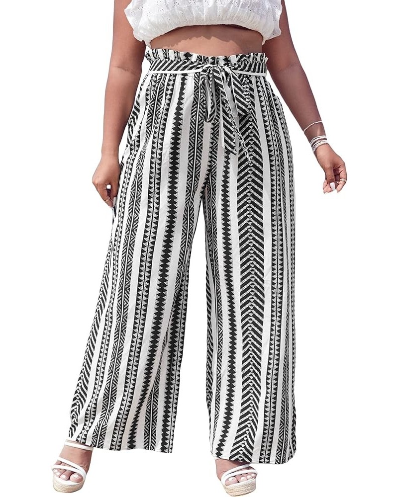 Women's Plus Size Printed Drawstring Waist Split Side Wide Leg Pants Multicoloured Striped $19.22 Pants