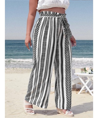 Women's Plus Size Printed Drawstring Waist Split Side Wide Leg Pants Multicoloured Striped $19.22 Pants