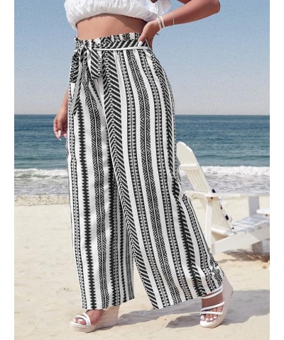 Women's Plus Size Printed Drawstring Waist Split Side Wide Leg Pants Multicoloured Striped $19.22 Pants