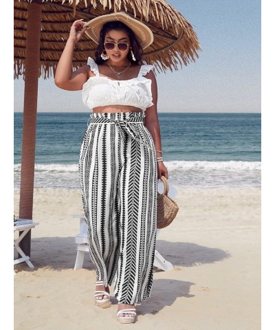 Women's Plus Size Printed Drawstring Waist Split Side Wide Leg Pants Multicoloured Striped $19.22 Pants