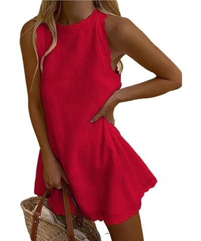 Women Summer Casual Linen A-line Mini Dress Trendy Solid Color Sleeveless Beach Tank Dresses Sundress Red $13.99 Swimsuits