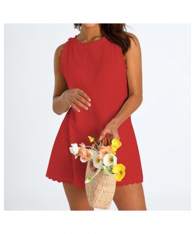 Women Summer Casual Linen A-line Mini Dress Trendy Solid Color Sleeveless Beach Tank Dresses Sundress Red $13.99 Swimsuits