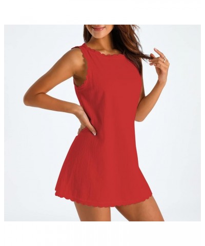 Women Summer Casual Linen A-line Mini Dress Trendy Solid Color Sleeveless Beach Tank Dresses Sundress Red $13.99 Swimsuits