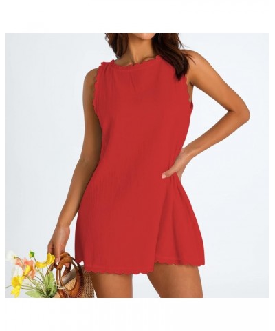 Women Summer Casual Linen A-line Mini Dress Trendy Solid Color Sleeveless Beach Tank Dresses Sundress Red $13.99 Swimsuits