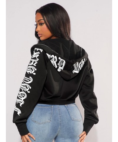 Women's Letter Graphic Long Sleeve Cropped Zip Up Hoodie Pocket Hooded Sweatshirt Black $19.23 Hoodies & Sweatshirts