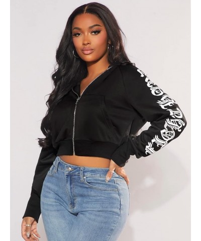 Women's Letter Graphic Long Sleeve Cropped Zip Up Hoodie Pocket Hooded Sweatshirt Black $19.23 Hoodies & Sweatshirts