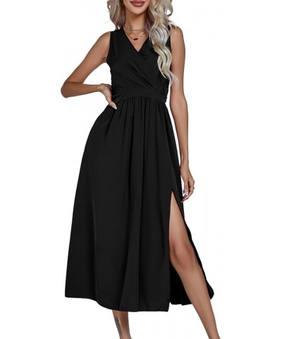 Women's Casual Wrap V Neck Side Split Sleeveless Swing A Line Midi Dress Black $21.72 Dresses