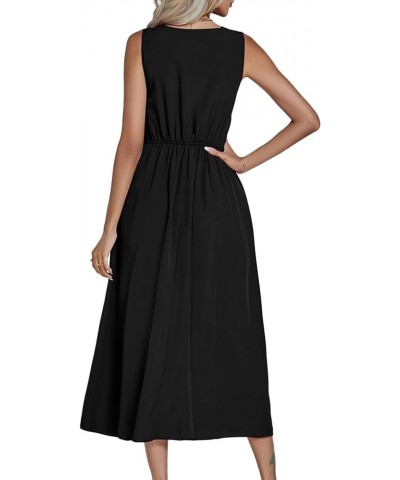 Women's Casual Wrap V Neck Side Split Sleeveless Swing A Line Midi Dress Black $21.72 Dresses