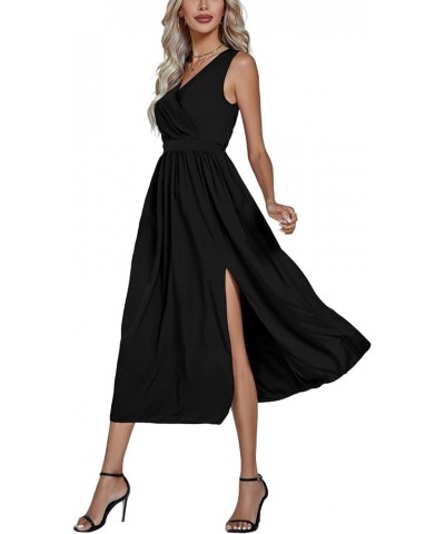 Women's Casual Wrap V Neck Side Split Sleeveless Swing A Line Midi Dress Black $21.72 Dresses