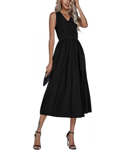 Women's Casual Wrap V Neck Side Split Sleeveless Swing A Line Midi Dress Black $21.72 Dresses