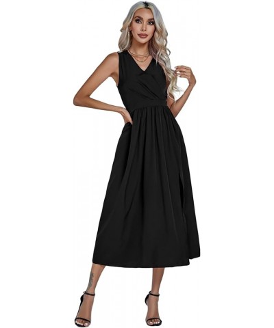 Women's Casual Wrap V Neck Side Split Sleeveless Swing A Line Midi Dress Black $21.72 Dresses