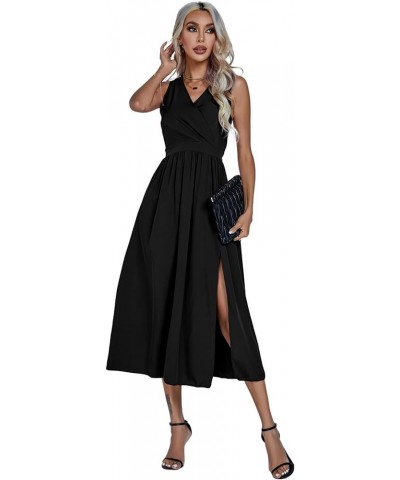 Women's Casual Wrap V Neck Side Split Sleeveless Swing A Line Midi Dress Black $21.72 Dresses