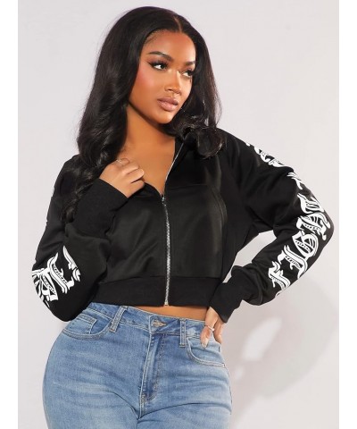 Women's Letter Graphic Long Sleeve Cropped Zip Up Hoodie Pocket Hooded Sweatshirt Black $19.23 Hoodies & Sweatshirts