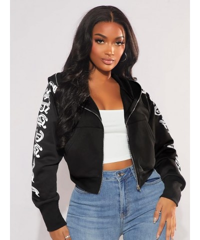 Women's Letter Graphic Long Sleeve Cropped Zip Up Hoodie Pocket Hooded Sweatshirt Black $19.23 Hoodies & Sweatshirts